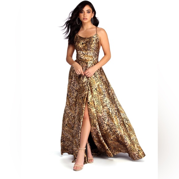 Betsy & Adam Satin Leopard Animal Print Long Gown Size 0 new with tag. - Picture 5 of 14